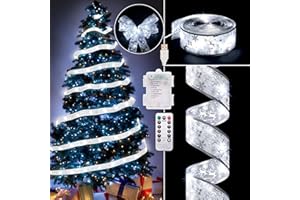 VIMORG Christmas Decorations - 2.5Inch x 66Ft 200 Led Christmas Tree Ribbon Lights with 8 Lighting Modes, Battery Operated & USB Powered Fairy String Lights with Timer for Xmas Tree Decor