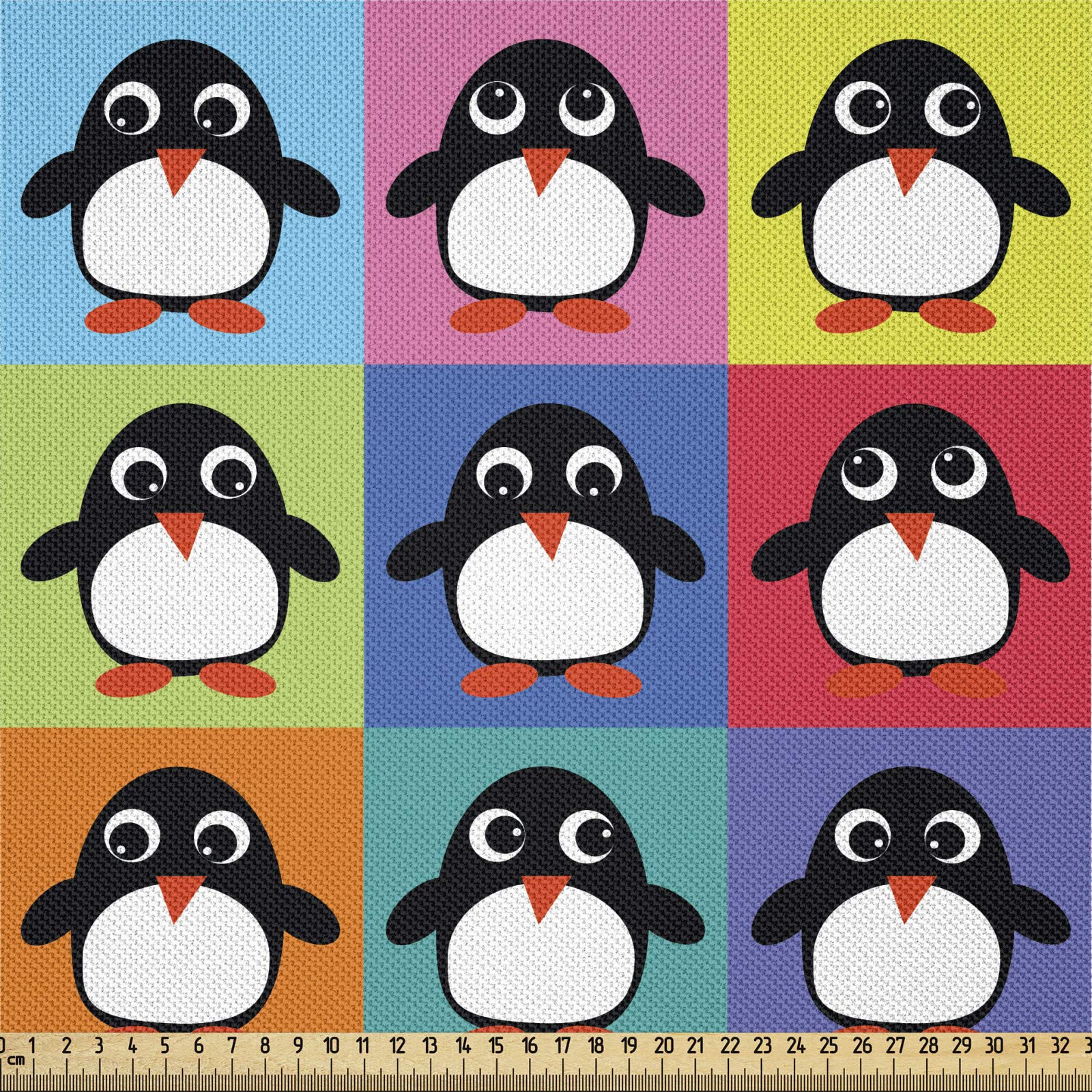 ABAKUHAUS Penguin Fabric by the Yard, Rainbow Colored Checkered Squares Pattern with Arctic Animal Cartoon Character, Satin Fabric for Home Decor Textiles and Crafts, 3M (148x300cm), Multicolor
