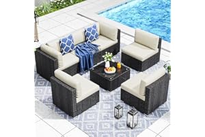 YITAHOME 7 Pieces Outdoor Patio Furniture Set, Sectional Sofa PE Rattan Wicker Conversation Set Outside Couch w/Table and Cushions for Porch Lawn Garden Backyard, Black