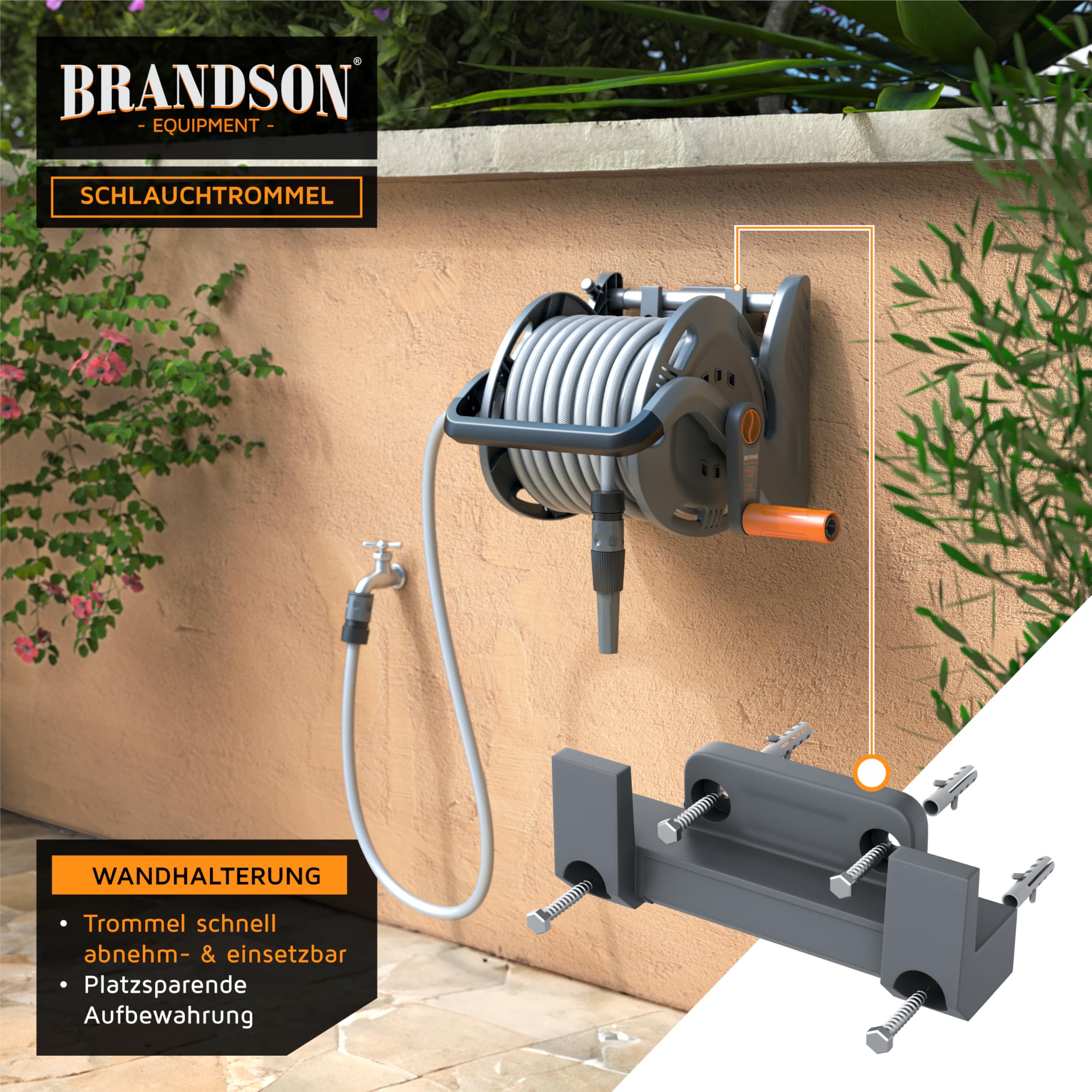 Brandson - Schlauchtrommel 20m Schlauch – Gartenschlauch Trommel Set 1/2 Zoll inkl. Anschluss 3/4 Zoll - 2 m Zuleitung – Schlauchbox mit Wandhalterung - Drehkurbel- Reinigungsspritze 6