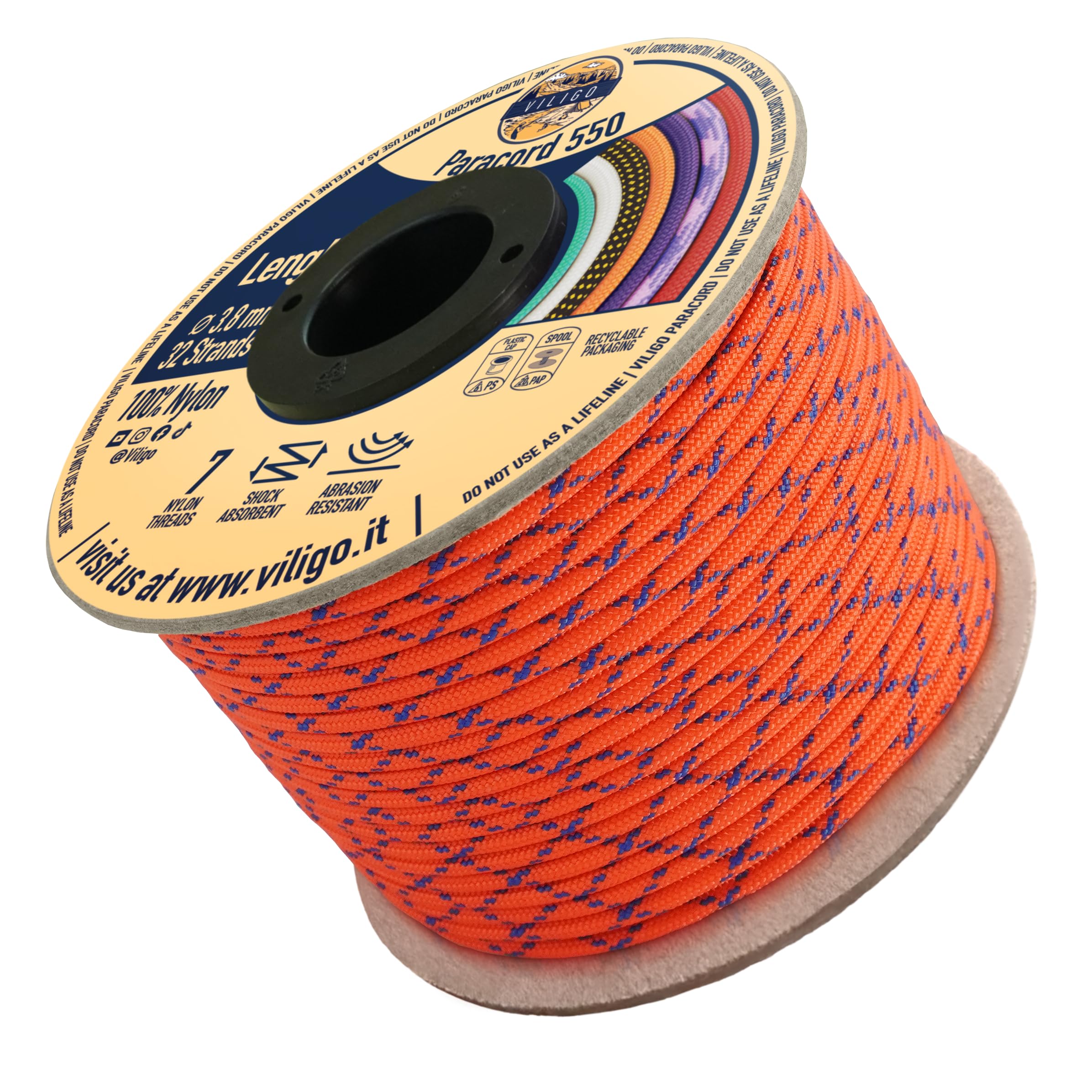 VILIGO Paracord 550 - Type III (3.8 mm) - Nylon Braid, 7 Inner Strands, Ideal for Camping, DIY Projects, Bracelet Making and Accessories (15 m, Explosion)