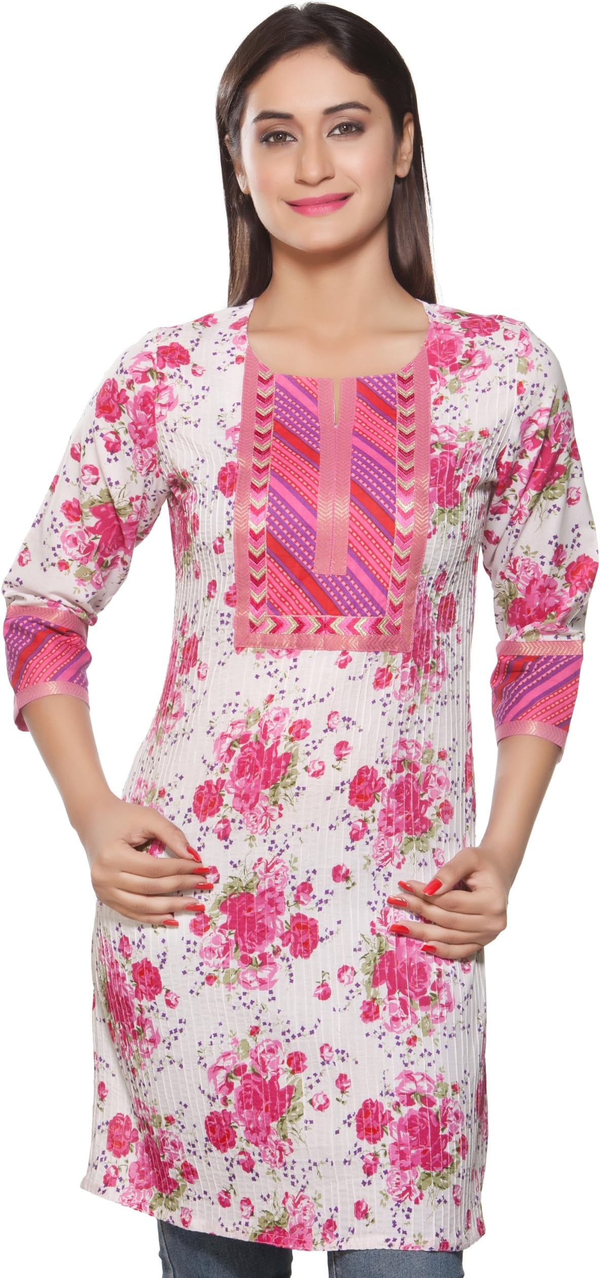 In-Sattva Womens Indian Ethnic Kurta Tunic Pintucked & Lace Work