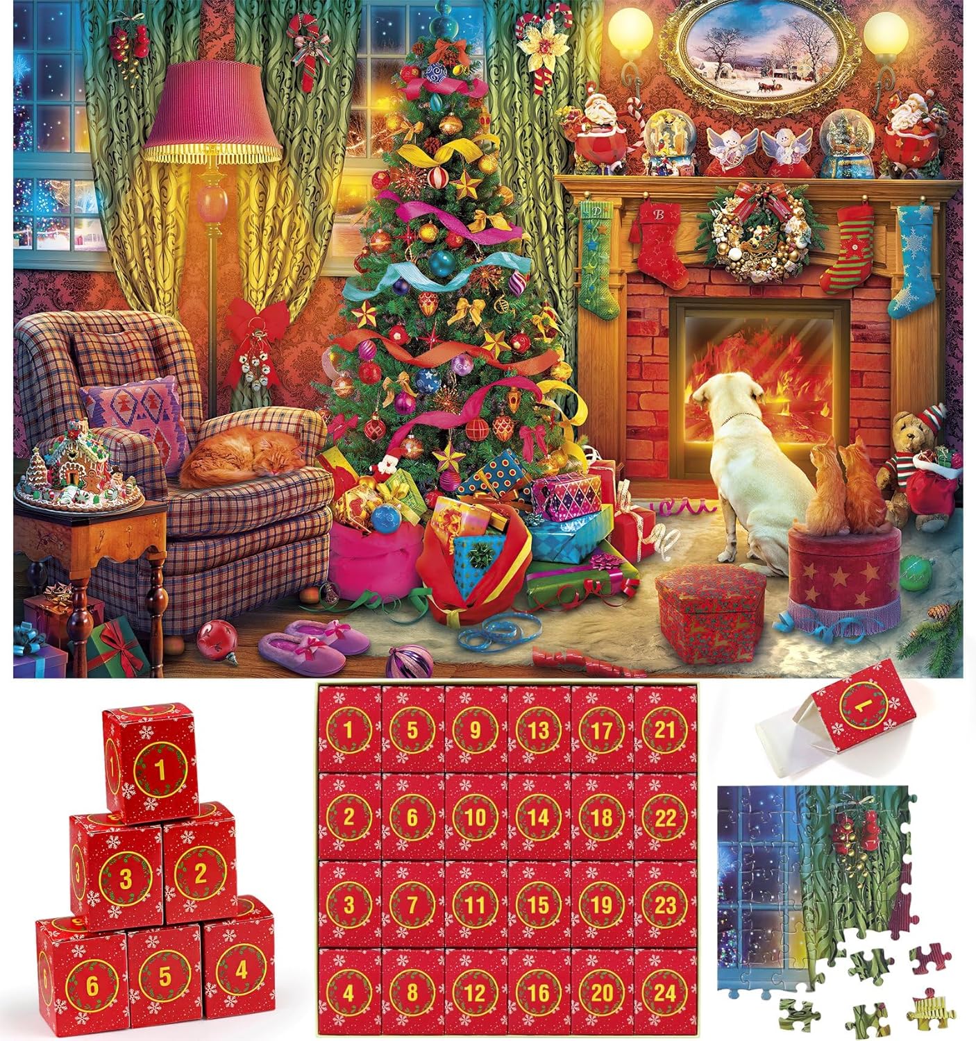 Advent Calendars - Wowok Advent Calendar 2023 Christmas Jigsaw Puzzles- Christmas by the Fireplace Holiday Puzzles for Adults Kids, 24 Parts 1008 Pieces Jigsaw Puzzles Gift for Countdown to Christmas