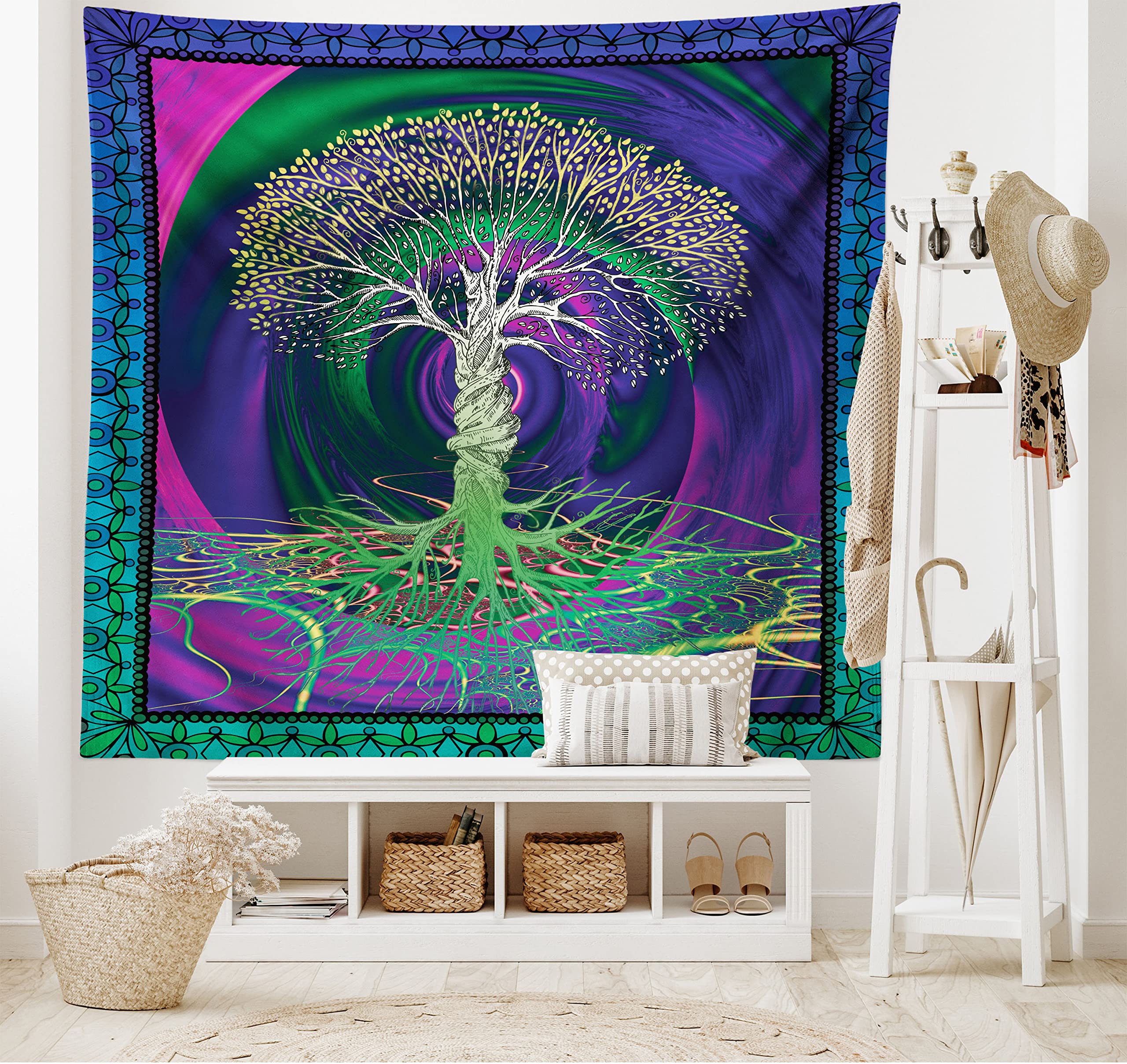 ABAKUHAUS Nature Tapestry, Digital Psychedelic Tree of Life Turning Gothic Background Mystery Display, Fabric Wall Hanging Decor for Bedroom Living Room Dorm, 90 W X 54 L, Purple and Fuchsia