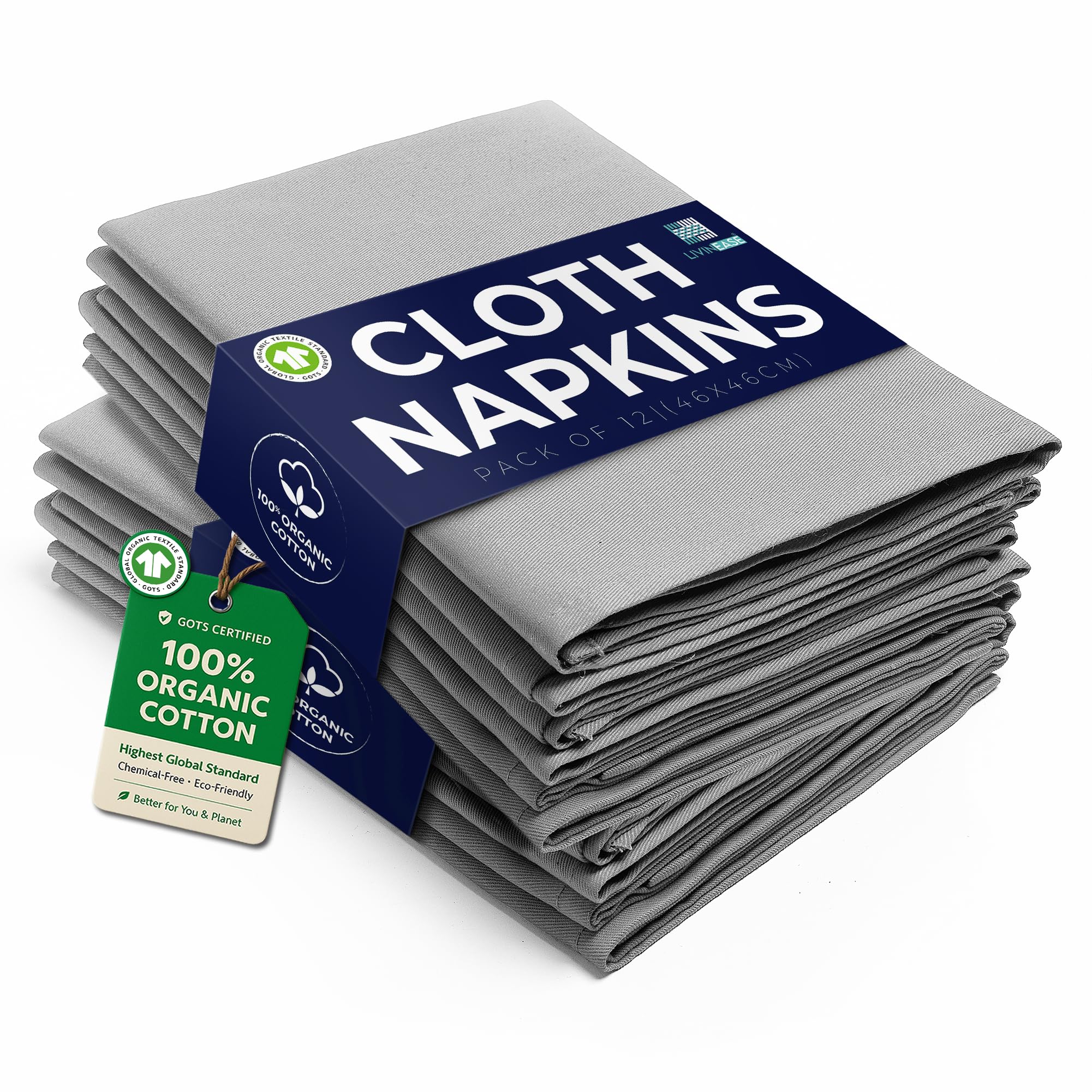 LivinEase Cotton Cloth Napkins Set of 12-100% Cotton 46 x 46 cm Reusable Oversized Grey Dinner Napkins - Heavy Weight Hotel Quality Pure Fabric - Ideal for Home Use & Events (Grey)