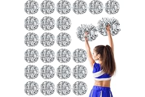 Yunsailing 24 Pack Cheerleading Pom Poms with Baton Handle 14.5 Inch Metallic Cheering Squad Pompoms for Team Sports Football Dance Cheering Adults(Silver)