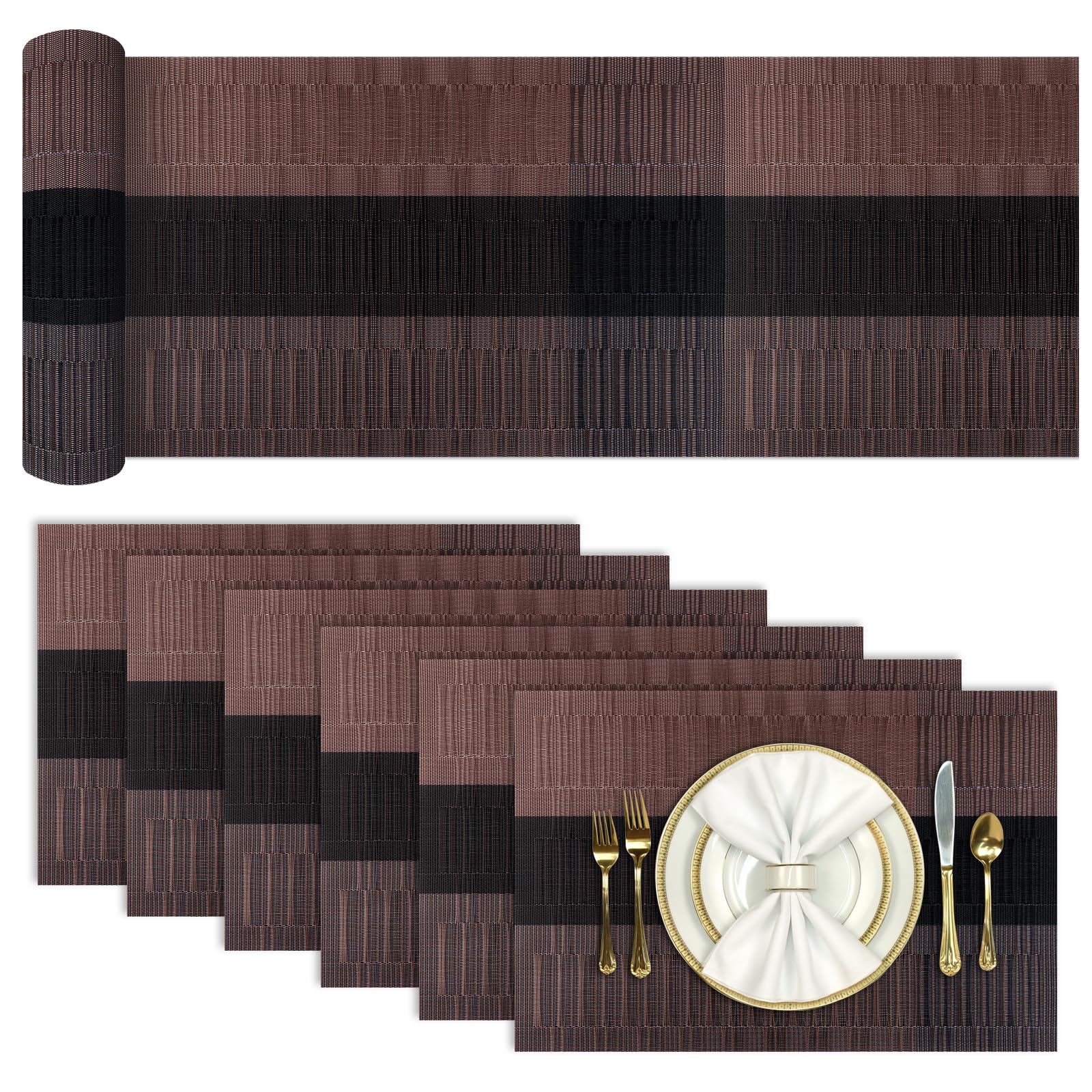 Aofmee Table Runner and Placemats, Heat Resistant Table Mats Set of 6, Washable PVC Place Mats with Runner, Woven Vinyl Plastic Placemats for Kitchen Dining, Non-Slip Stain Resistant Outdoor Placemat