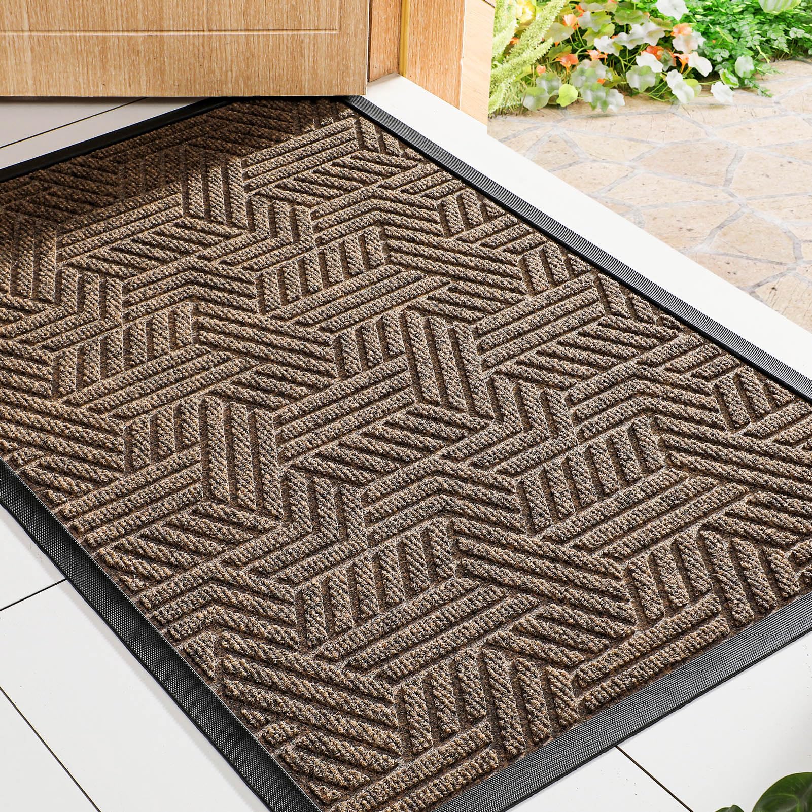 Mibao Front Door Mat Outside Entrance, Durable Outdoor Indoor Mat, Low Profile Heavy Duty Doormat, Non-Slip, Traps Dirt and Moisture, Easy Clean Patio Porch Entryway Mat, 32" x 47", Brown Image