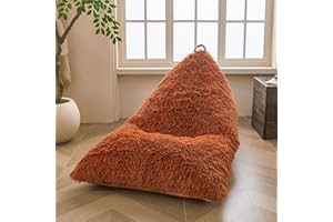 XeGe Fluffy Kids Stuffed Animal Storage Bean Bag Cover (No Filler), Fuzzy Faux Fur Beanbag Organizer with Handle Teens Girls Adults, Shaggy Furry Plush Toys Holder Floor Lounger Chair, Burnt Orange
