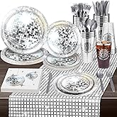 durony 169 Pieces 70s 80s Disco Party Supplies, Severs 24 Silver Disco Ball Dinnerware Include Plates Cups Cocktail Napkins Plastic Cutlery Table Runner for Bachelorette Birthday Party
