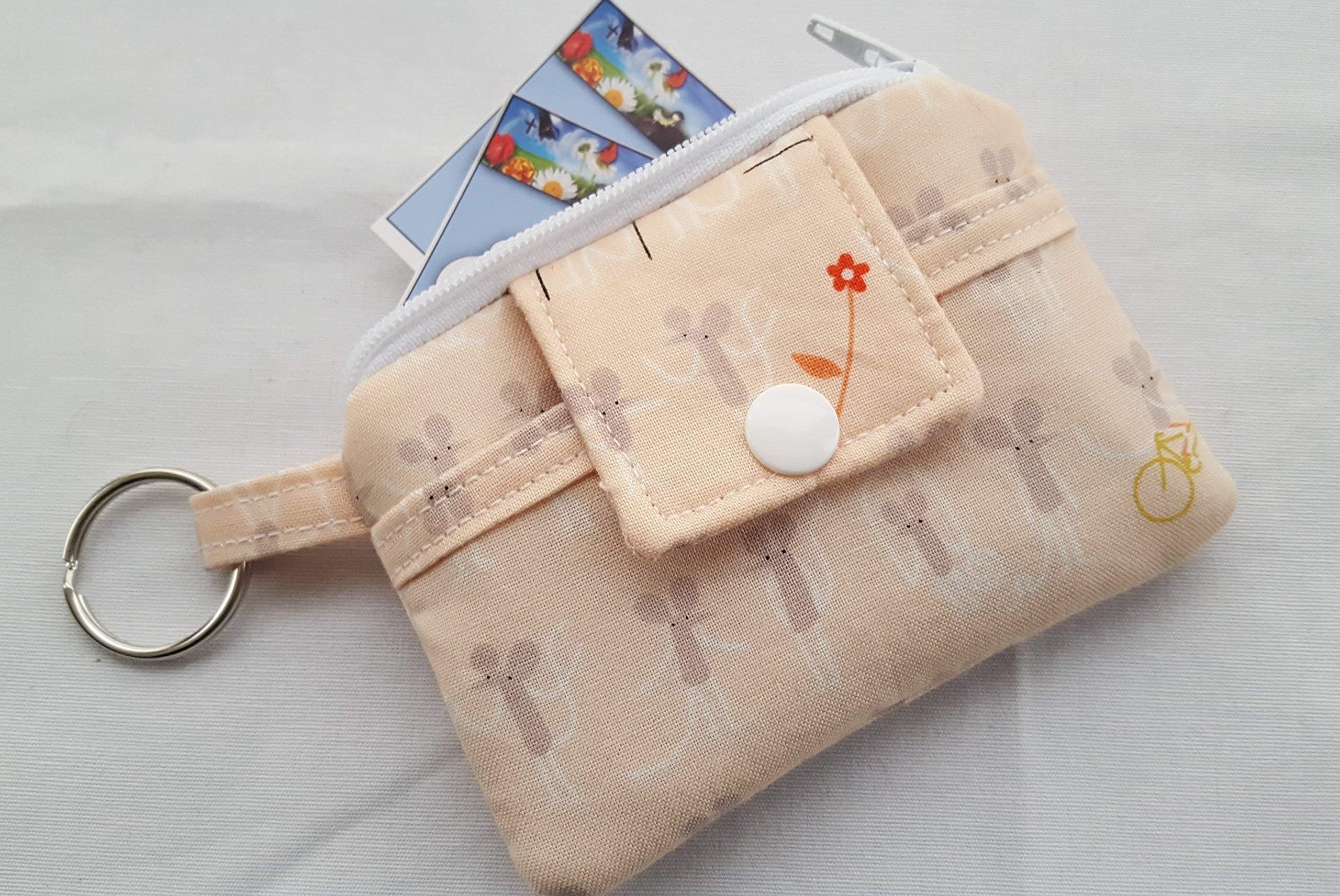 Zipper Mini Wallet Pouch Key Chain Fabric Card Peach Mice Bike Bicycle