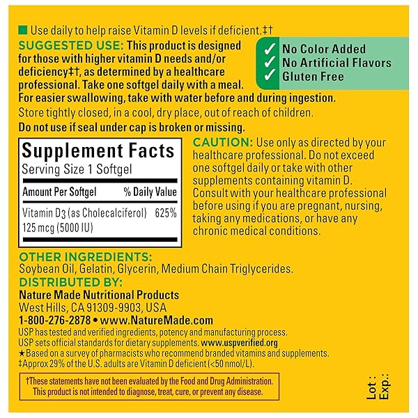 NATURE MADE EXTRA STRENGTH VITAMIN D3 5000 IU (125 MCG), DIETARY SUPPLEMENT FOR BONE, TEETH, MUSCLE AND IMMUNE HEALTH SUPPORT, 180 SOFTGELS, 180 DAY SUPPLY