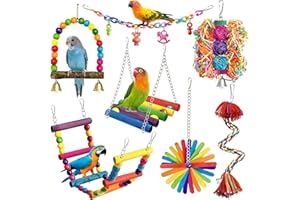 FAYOO 7 PCS Bird Toys Parakeet Wooden Chewing Toys Parrot Shredding Foraging Toys Bird Perches Swing Standing Toy Bird Cage Accessories for Cockatiel Conure Budgerigar