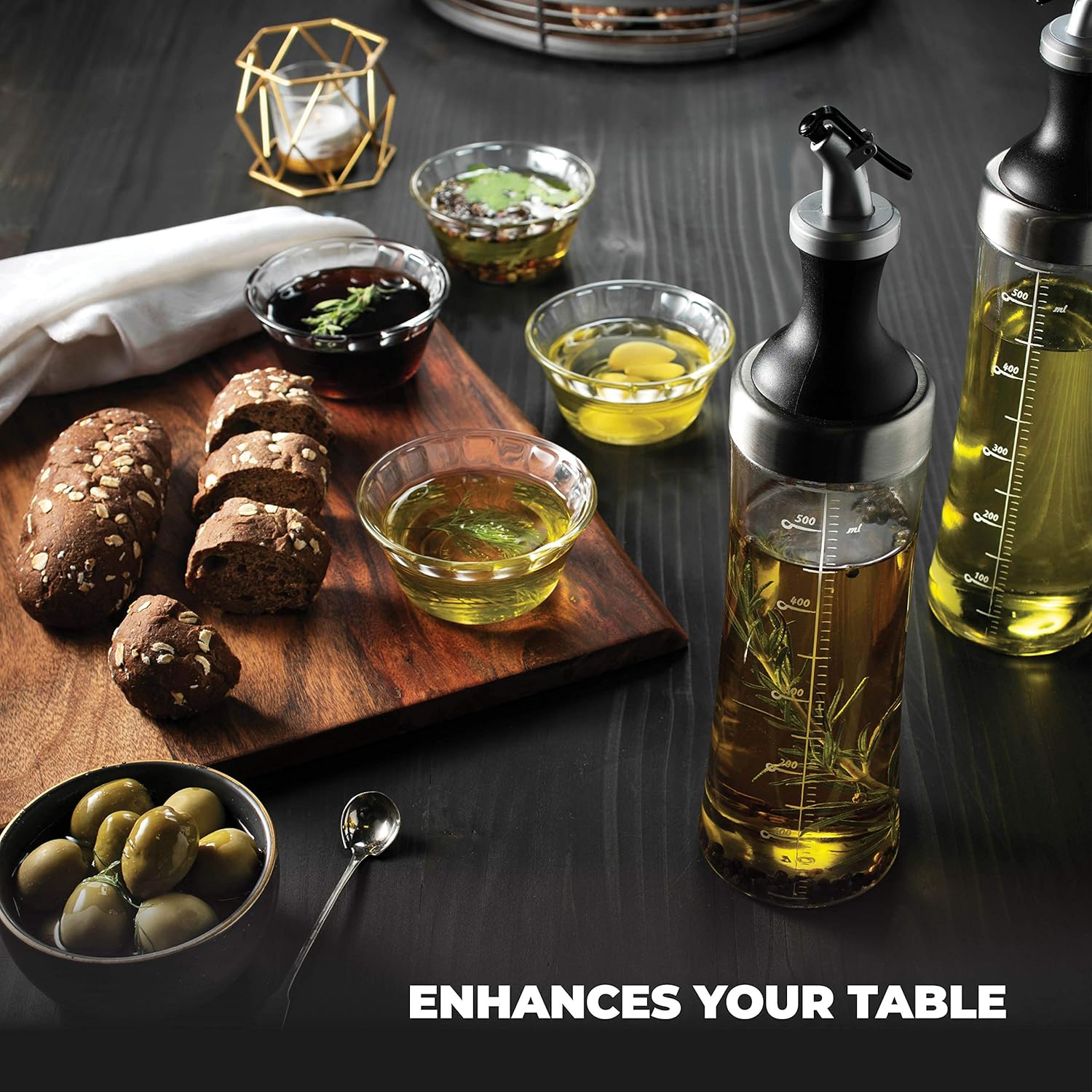 Superior Glass Oil and Vinegar Dispenser, (set of 2) Modern Olive Oil Dispenser, Wide Opening for Easy Refill and Cleaning, Clear Lead Free Glass Oil Bottle, Pouring Spouts, 18 Oz. Cruet Set: Home Improvement
