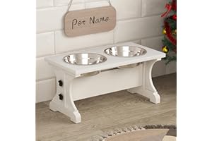 Piskyet Elevated Dog Bowls,Farmhouse Dog Bowls Stand, Raised Dog Bowl with 2 Stainless Steel Wooden Dog Bowls,3.5Cups 8.6" H_30 oz Bowl-White