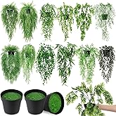 Tigeen 12 Pack Fake Hanging Plants Fake Potted Greenery Faux Eucalyptus Vine, Mandala Vine, String of Pearls, Pea pod Leaves in Pot for Office Living Room Bathroom Indoor Outdoor Decor