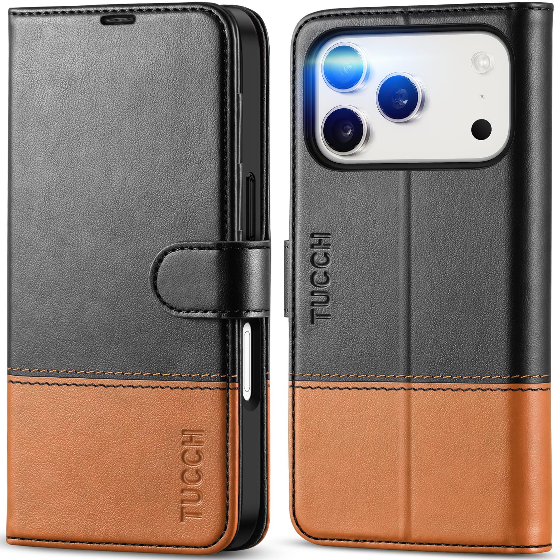 Photo 1 of TUCCH Wallet Case for iPhone 17 Pro (6.3") 2025, RFID Blocking 4 Card Slots, Kickstand, Shockproof TPU Shell, PU Leather, Magnetic Closure, Protective Flip Folio Cover, Black & Brown