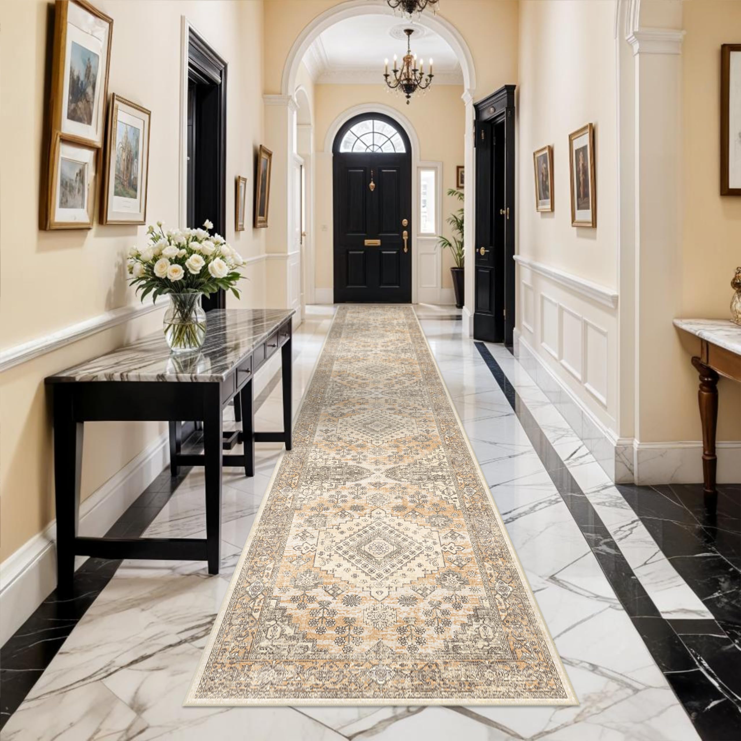 Photo 1 of EISUROM Hallway 2'6''x16' Runner Rug - Vintage Non-Slip Long Rug for Entryway Low-Pile Washable Medallion Runner Rugs for Hallway Waterproof Traditional runner Rug Indoor Thin Rug for Kitchen (Orange)