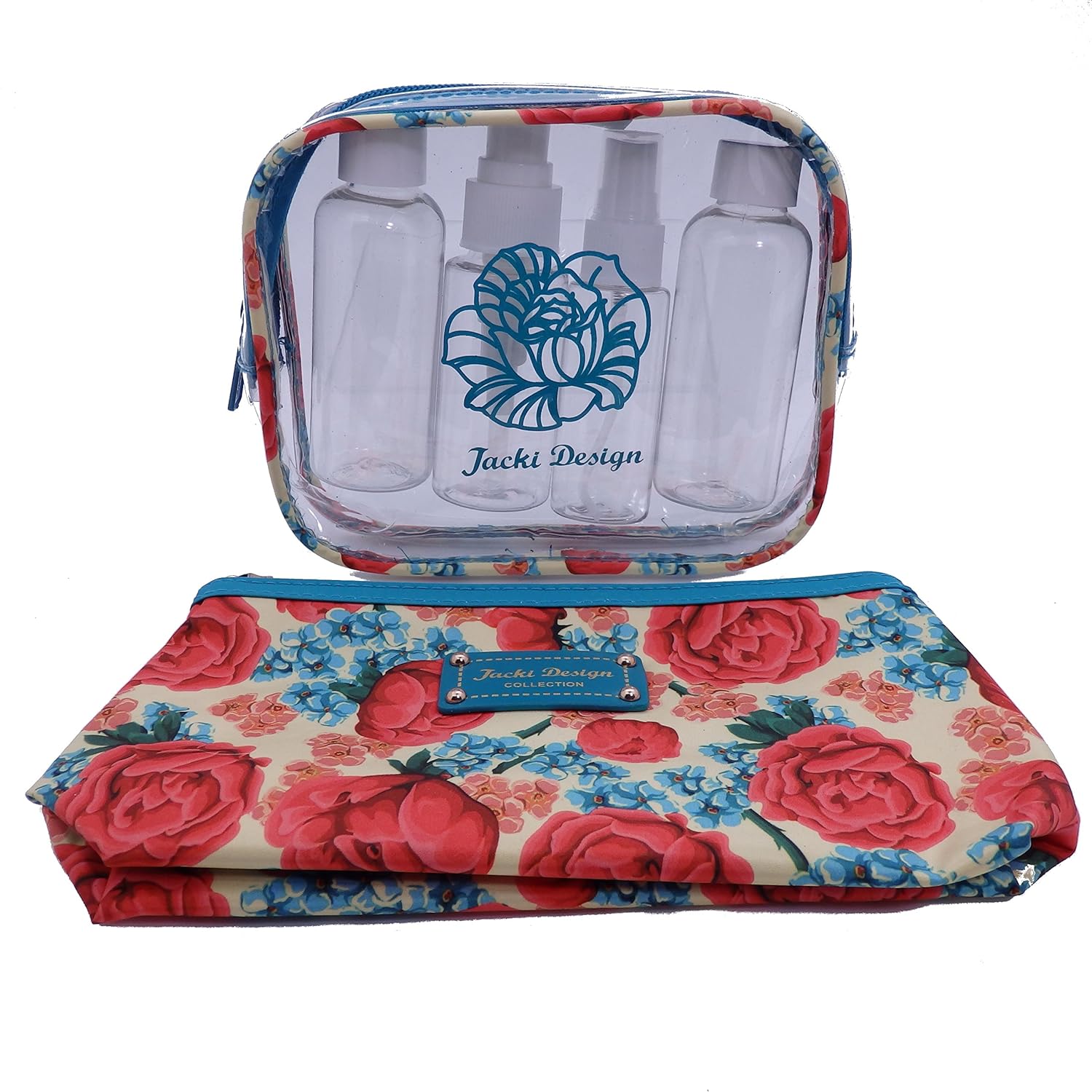 2 Piece Floral Cosmetic Set Airline Travel Bottle Set and Cosmetic Bag with Carry-On Compliant Bottles