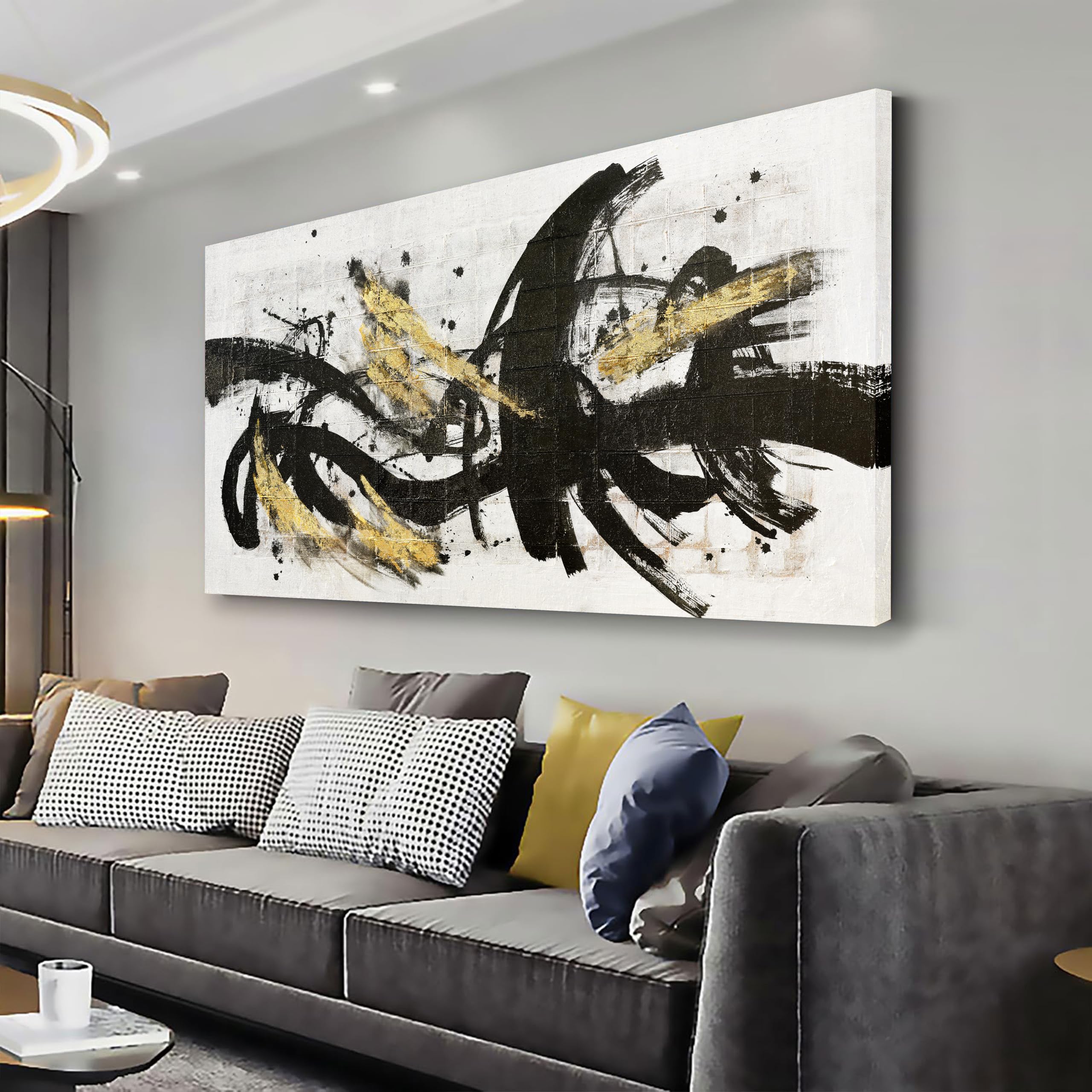 Photo 1 of Abstract Wall Art Black Gold Splash-ink painting Abstract Canvas Wall Decor Framed Artwork Modern Home Wall Decor for Living Room Bedroom Office 29"x58"