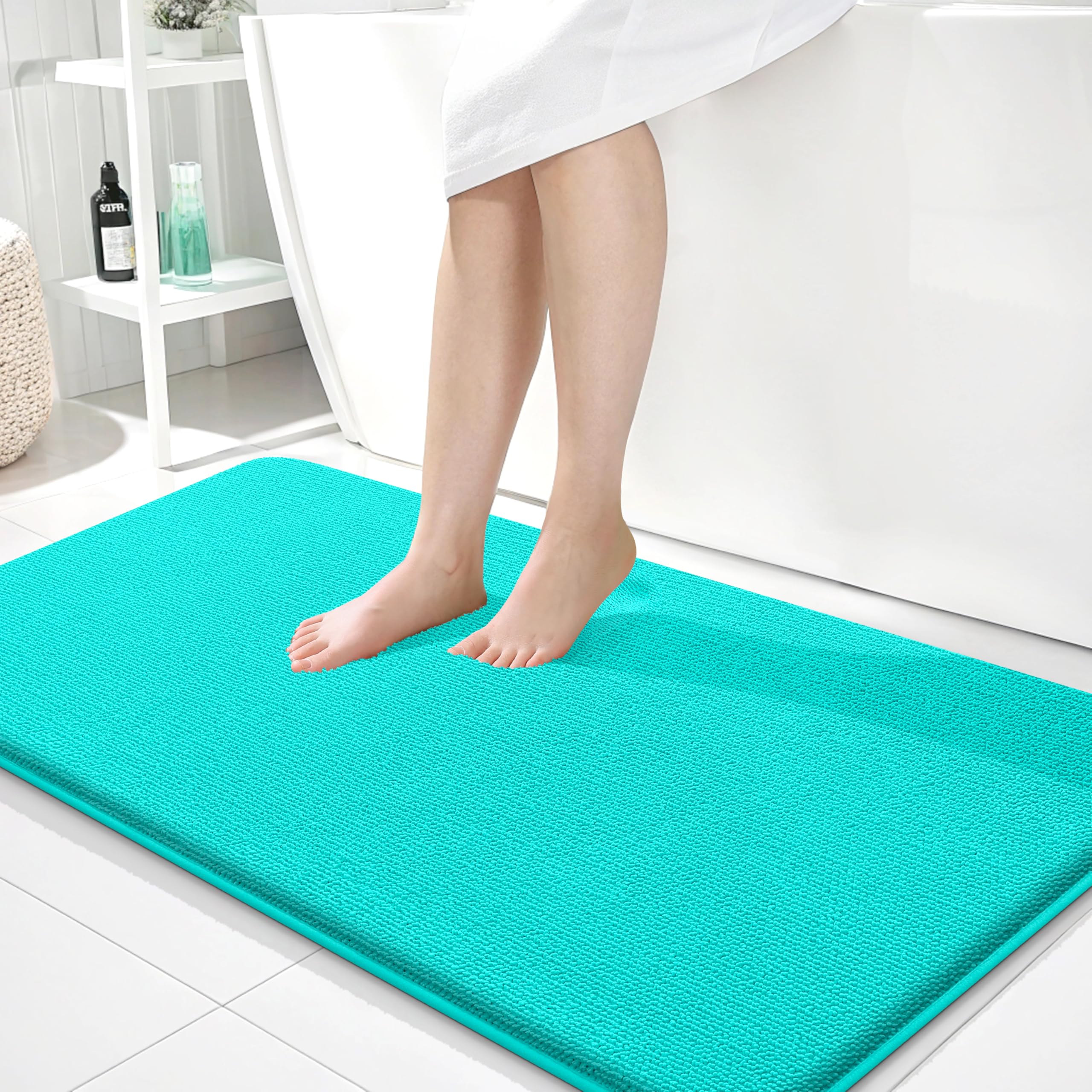 OLANLY Thick Memory Foam Bath Mat Rug 44x24, Extra Soft Absorbent Bathroom Rug, Quick Dry Bath Mats, Non-Slip, Machine Washable Carpet for Bathroom, Tub and Shower, Home Decor Accessories, Teal Image