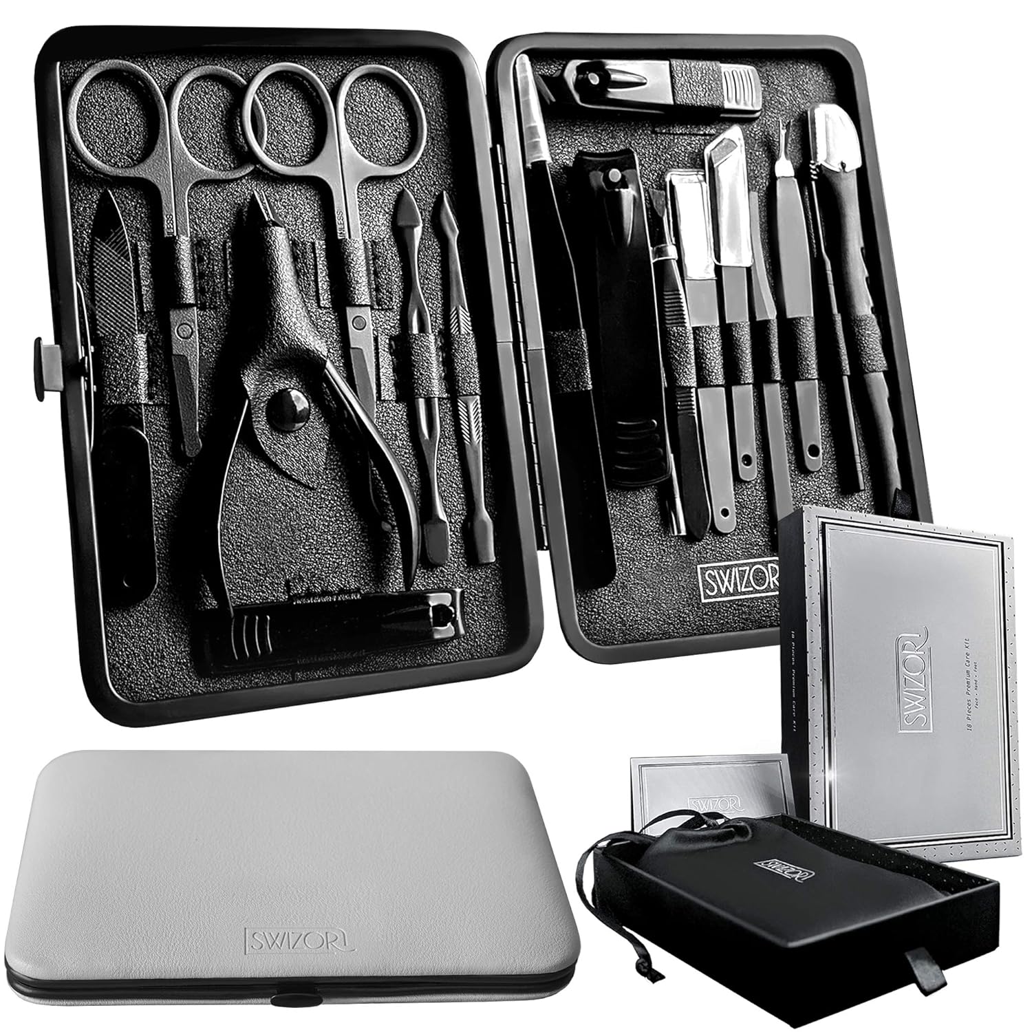 Swizor Pedicure and Manicure Set - Luxury Fingernail & Toenail Grooming Kit for Men & Women - Professional Nail Care Essentials for Personal Use, Salon, Spa, Travel - Stainless Steel in Leather Case : Beauty