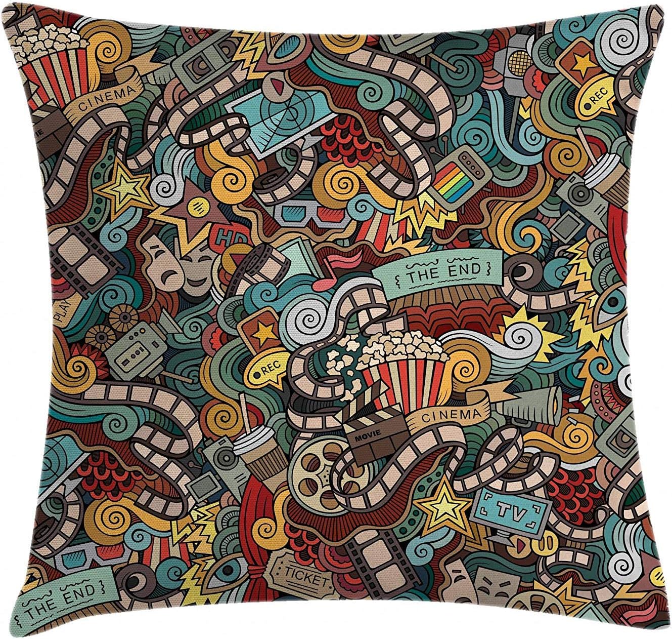 Doodle Throw Pillow Cushion Cover, Cinema Items Combined in an Abstract Style Popcorn Movie Reel The End Theatre Masks, Decorative Square Accent Pillow Case, Multicolor Size:16 X 16 Inches/40cm x 40cm