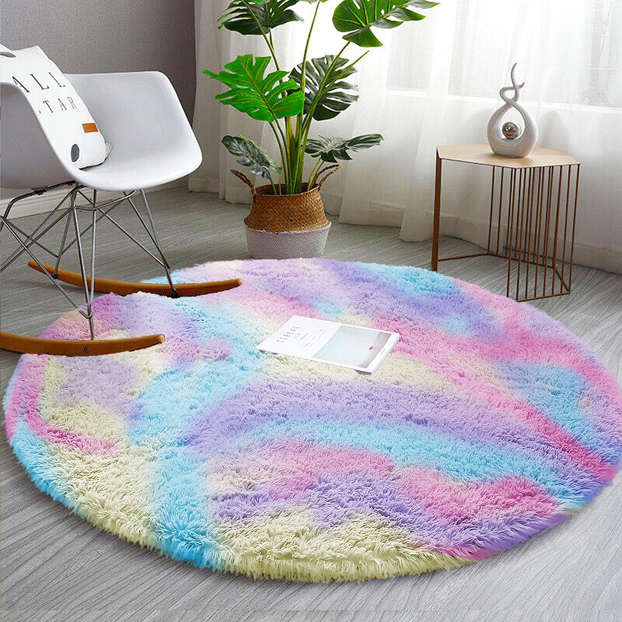 AMEHA Round Rainbow Shaggy Rug 120x120 cm Colorful Fluffy Soft Non Slip Circle Rugs for Bedroom Living Room, Modern Carpet for Nursery Kids Room Non-Shedding