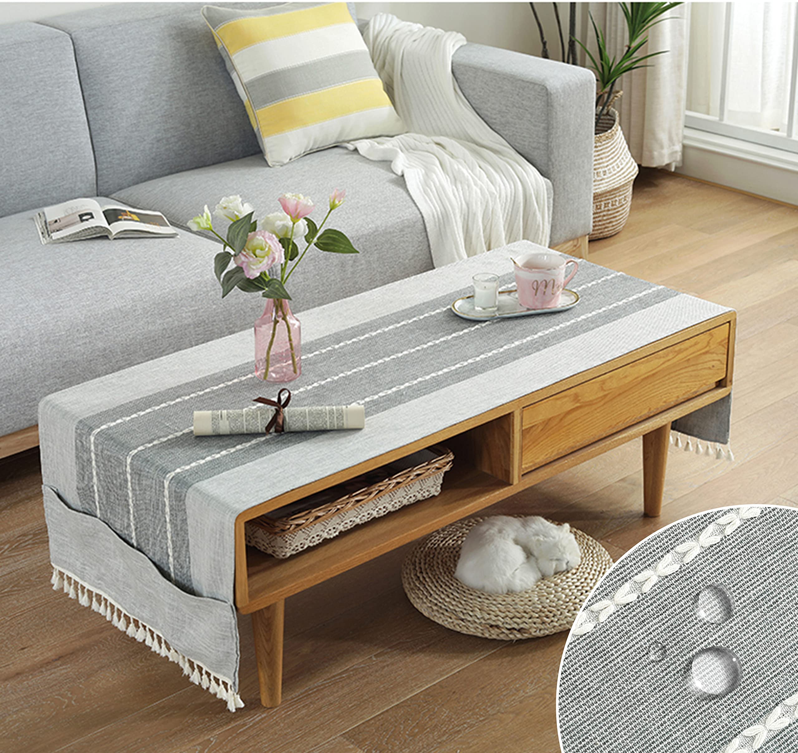 Wipe Clean Linen Coffee Tablecloth With Pockets, Rectangular Coffee Table Cover, Tea Table Cloth Washer Dryer Fridge Top Cover, Table Runner. Fits Sizes Around 50x100cm Tables-H-50x145cm(20x57inch)