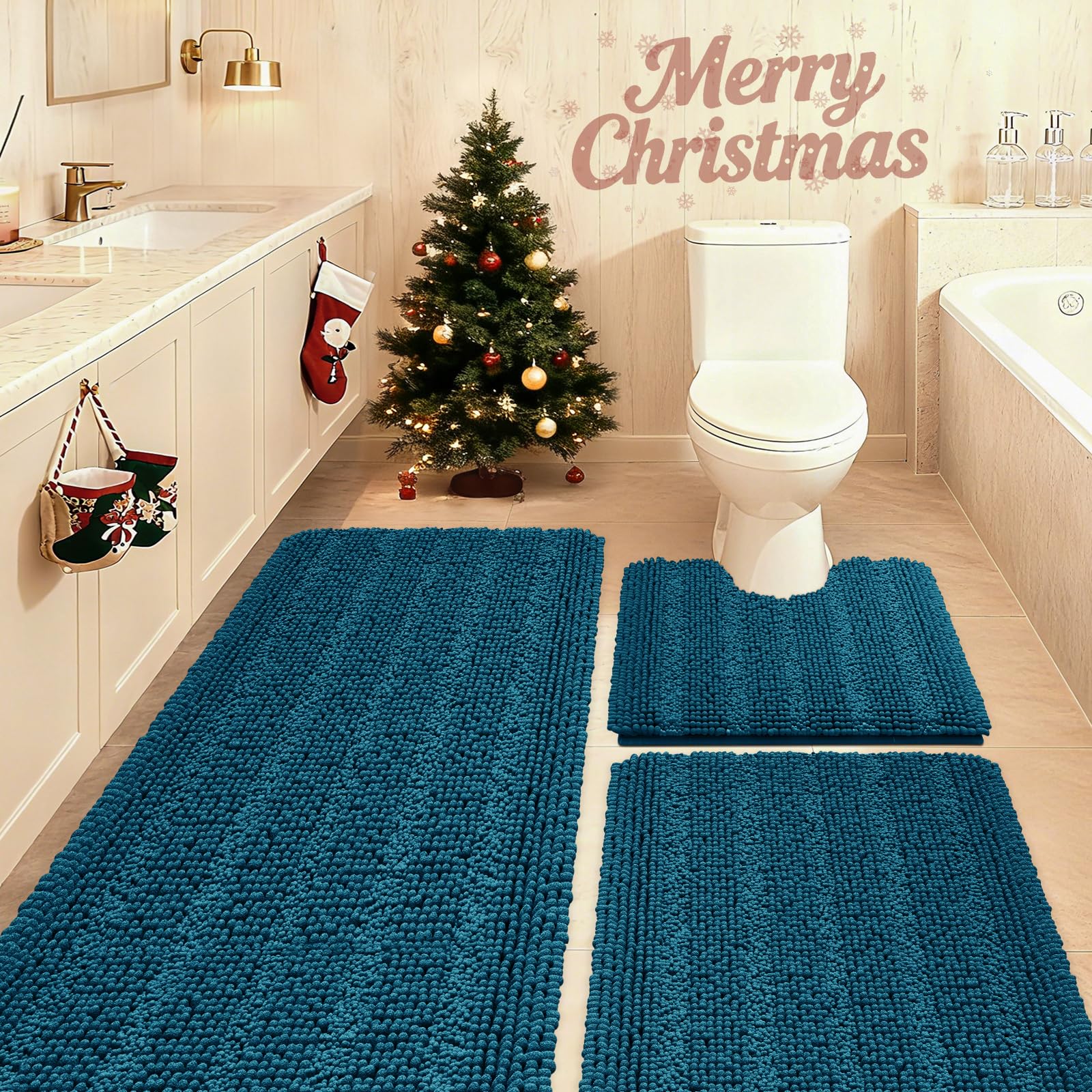 Photo 1 of ACCUMTEK Striped Teal Blue Bathroom Rug Set 3 Pieces Ultra Soft, Non Slip Chenille Toilet Mat, Absorbent Plush Shaggy Bath Mats for Bathroom, Bedroom, Kitchen