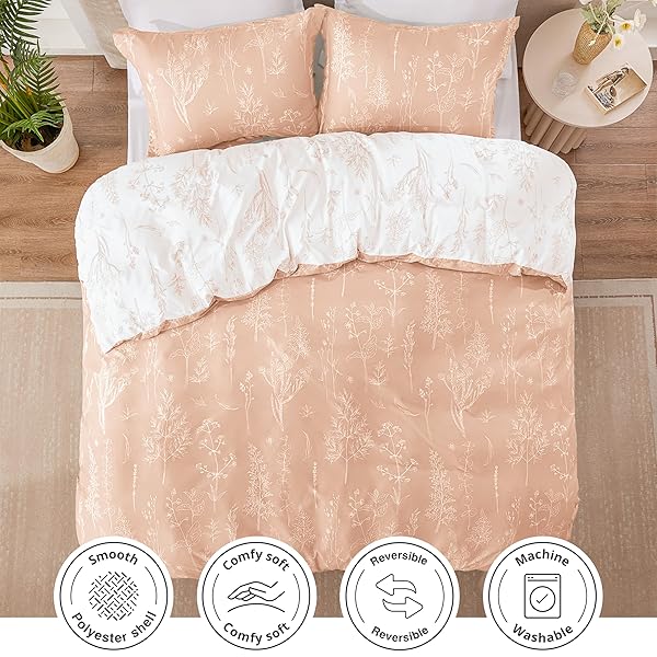 LOVE’S CABIN PINK QUEEN COMFORTER SET – QUEEN SIZE COMFORTER SET, 3 PIECES CUTE FLORAL BEDDING SETS FOR ALL SEASONS,1 SOFT REVERSIBLE BOTANICAL FLOWERS COMFORTER AND 2 PILLOW SHAMS