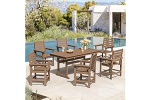 Homenjoy Patio Table and Chairs Set 7 Pieces, HDPE Weather Resistant Outdoor Dining Set with Umbrell Hole, Rectangle Outdoor Dining Table with 6 Patio Chairs, Patio Dining Set for Balcony,Light Brown