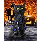 GoGnome Black Cat Decor Halloween Decorations - 7.3'' Tall Resin Figurine with Moon Cutouts Color-Changing LED Flickering Lights (Halloween Cat)