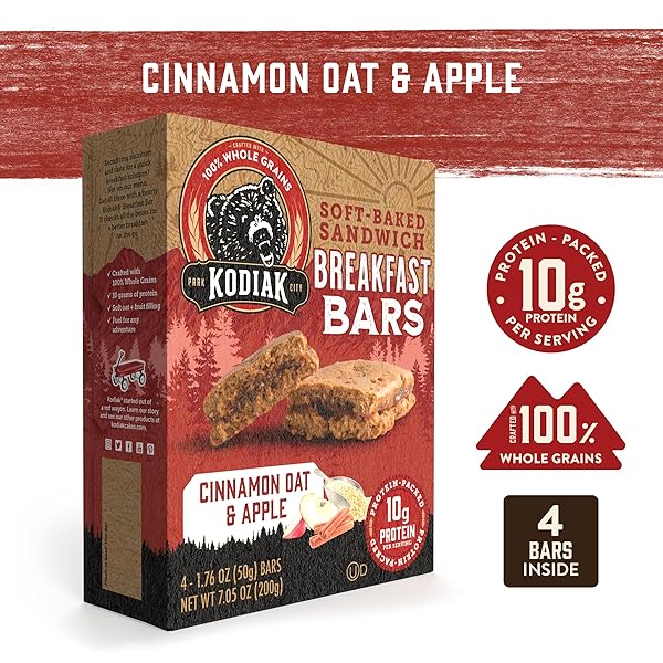 KODIAK SOFT BAKED SANDWICH BREAKFAST BAR, CINNAMON OAT & APPLE, HIGH PROTEIN, 100% WHOLE GRAINS, 1 BOX WITH 4 BARS EACH (4 BARS TOTAL)