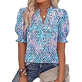 BTFBM Summer Blouses for Women Dressy Casual 2026 Fashion Spring Tops Floral Boho V Neck Puff Short Sleeve Top Shirts