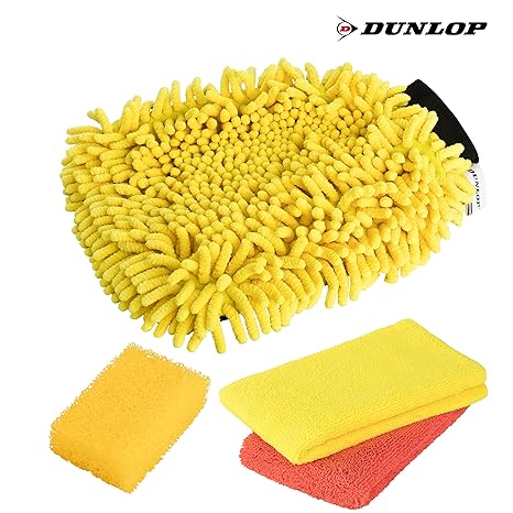 DUNLOP 4-teiliges Premium Auto & Motorrad Waschset | 2in1 Chenille Waschhandschuh | 2x Mikrofasertuch | Insektenschwamm