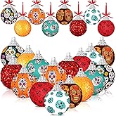 Lenwen 16 Pcs Day of The Dead Ball Ornaments Dia De Los Muertos Hanging Skull Ball Decorations Colorful Halloween Hanging Ornaments for Halloween Tree Party Decor