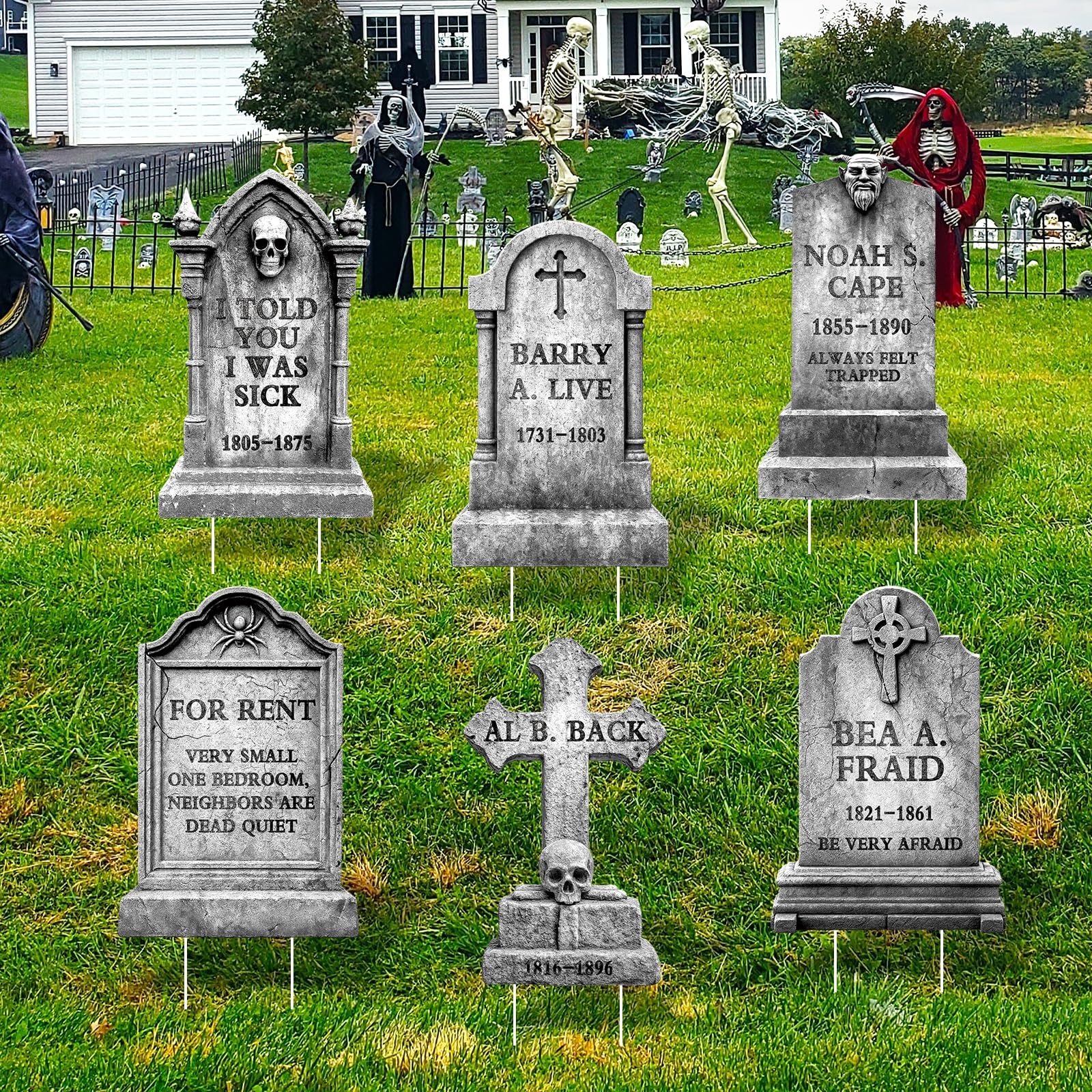 Photo 1 of Arosche Halloween Decorations Outdoor Funny Graveyard Tombstone Yard Signs 6Pcs with Stakes Cemetery Headstones Scary Skeleton RIP Halloween Decorations for Outside Lawn, Garden, Party