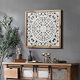 XIAOAIKA Boho Carved Wood Wall Art Panel, Floral Mandala, Distressed White | Vintage farmhouse wall decor with a solid wood frame structure, suitable for bedroom and entryway display, 22.5 &times; 22.5 in.