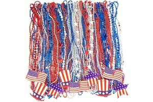 RBONIGHT 69PCS Fourth of July Red White Blue Beaded Necklace, 4th of July Necklace Accessories, Patriotic Independence Day Parade Jewelry, Patriotic Party Favors Set
