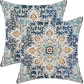 AEIOAE Boho Pillow Covers 18x18 Inch Set of 2,Carpet Pattern Throw Pillows Case,Blue Yellow Ethnic Design Outdoor Decorative Square Linen Farmhouse Decor Cushion Covers for Home Sofa Bed Couch