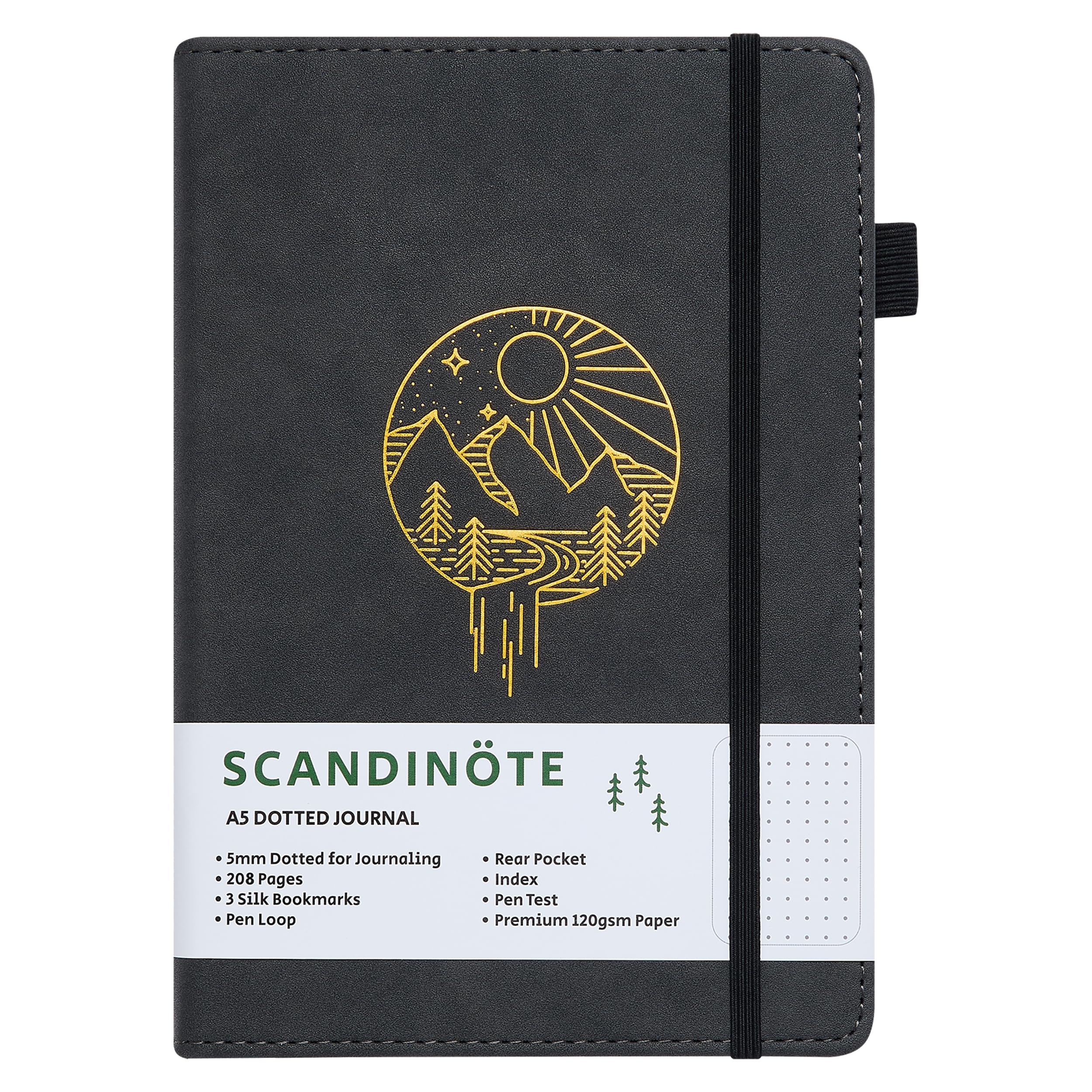 Scandinote A5 Bullet Dotted Journal Notebook, 208 Pages, 120gsm Paper, Vegan Leather Cover, 3 Bookmarks, Pen Loop, Pocket, Index, 180° Lay-Flat, 5mm Dot Grid for Bullet Journaling & Planning