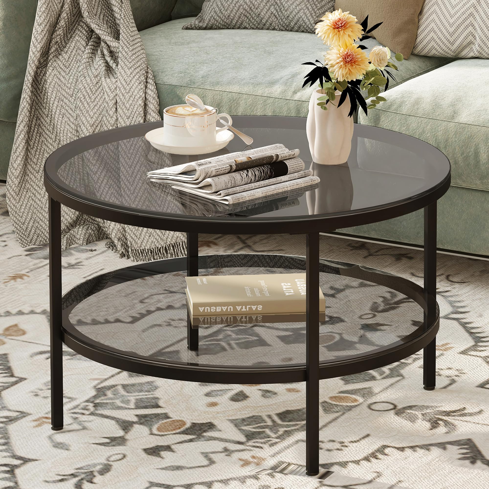 Photo 1 of ***Factory seal****

Yusong Round Glass Coffee Tables for Living Room, 2-Tier Circle Coffee Table with Storage, 26" Modern Center Accent Table with Light Black Glass, Small End Table for Small Space, Bedroom