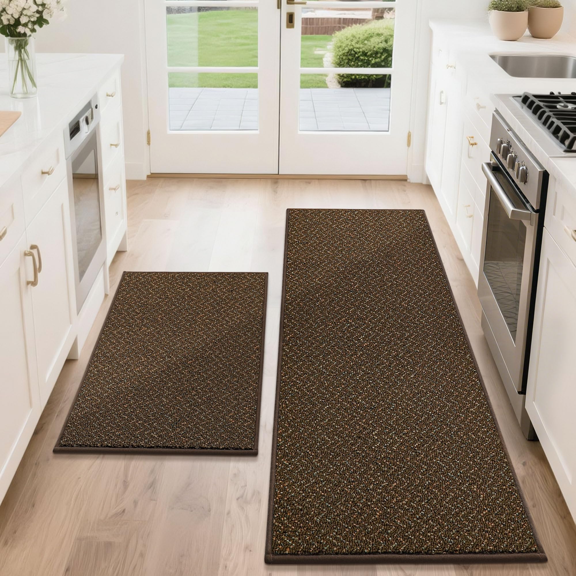 Photo 1 of COSY HOMEER Kitchen Rugs Non Slip Washable 24"x36"+24"x60" Absorbent Kitchen Mats for Floor Stain Resistant Kitchen Runner Rug Sets of 2 Kitchen Floor Mats for Sink,Brown
