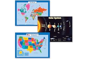 PALACE LEARNING 3 Pack - USA & World Map for Kids + Solar System Poster Set (LAMINATED, 18" X 24")