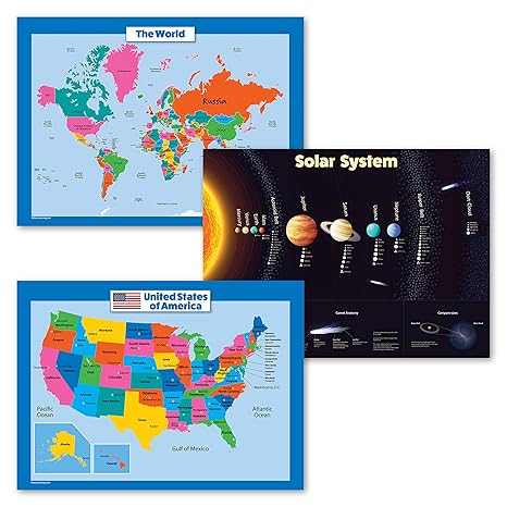 3 Pack Usa World Map For Kids Solar System Poster Set Laminated 18 X 24