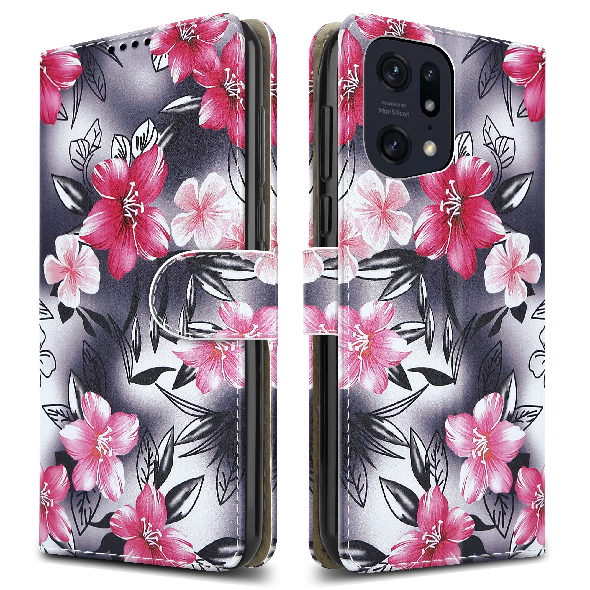 PIXFAB For Oppo Find X5 Pro 5G Leather Phone Case, Magnetic Closure Full Protection Book Folio Design, Wallet Case Cover [Card Slots] and [Kickstand] For Oppo Find X5 Pro 5G - Flower