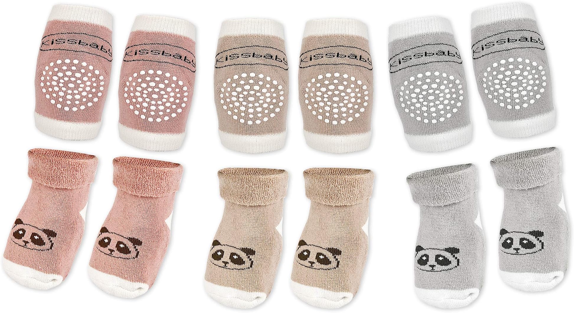 STAYcozy Crawling Anti-Slip Knee Pads and Socks PREMIUM Terry Cotton, 3 Pairs Non Slip Socks/ 3 Pairs Non Slip Knee Pads Toddler, Infant, Baby, Unisex (6 TOTAL PAIRS)