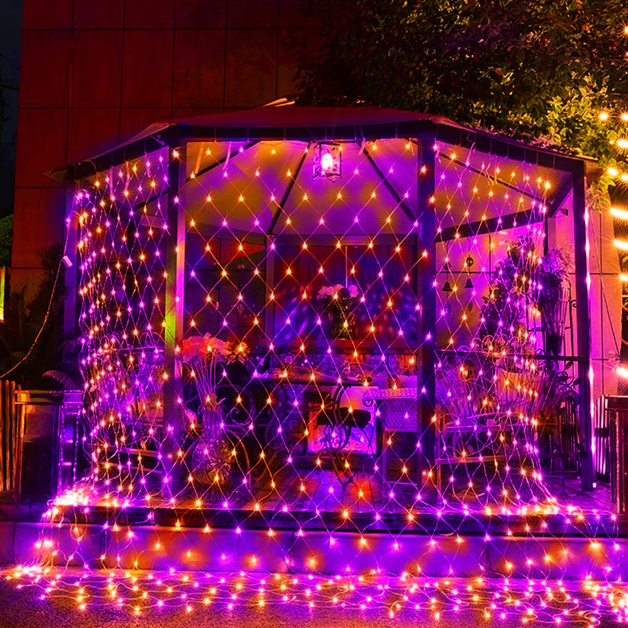 Photo 1 of Funpeny Halloween 360 LED Net Lights, 12ft x 5ft 8 Modes Waterproof Connectable Halloween Decorations for Outdoor Garden Party Decor (Purple Orange)