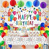 Happy Birthday Decorations For Women Men,Birthday Backdrop,Banner Balloons,Table Cloth,Paper pom poms Party Supplies for Girls Boys (Colorful)